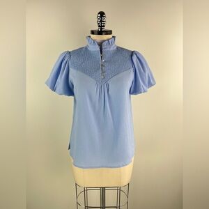 💚 3515. Baby Blue Textured Puff Sleeve Blouse